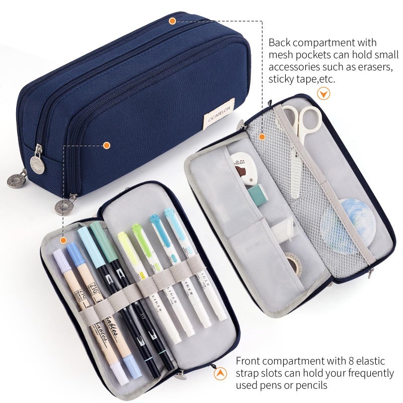 CICIMELON Large Capacity Pencil Case 3 Compartment Pouch Pen Bag for School Teen Girl Boy Men Women (Navy) - Image 3